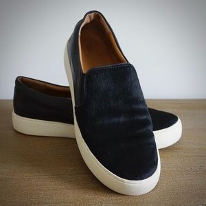 Frye black leather and fur slip on sneakers, size 9.5